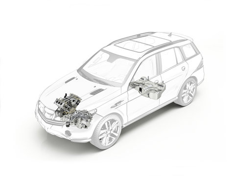 Suv cutaway drawing showing engine and fuel tank.