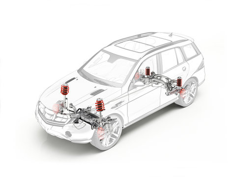 Suv technical drawing showing suspension system.