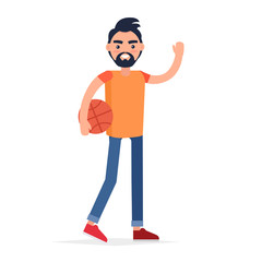 Smiling Man with Basketball Say Hello Flat Design