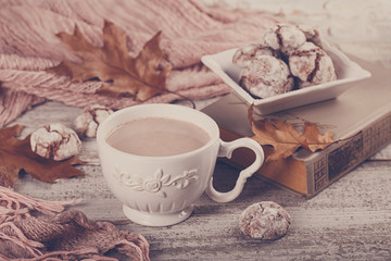 Autumn still life with cup of cocoa and chocolate cookies