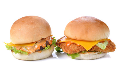 hamburger fried fish and beef isolated on white background