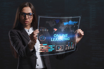 The concept of business, technology, the Internet and the network. A young entrepreneur working on a virtual screen of the future and sees the inscription: Online learning