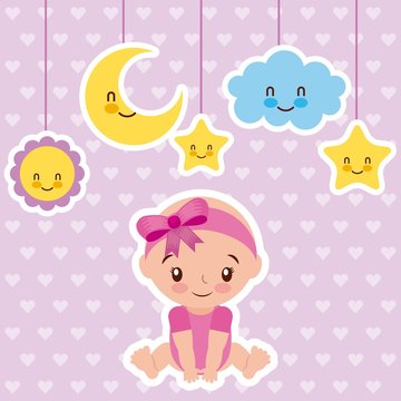cute baby girl sitting with cartoon cloud star and moon vector illustration