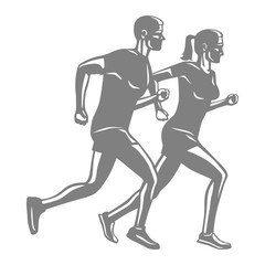 Fototapeta na wymiar Silhouettes of Running Man and Woman on White