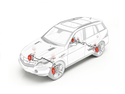 Suv technical drawing showing brakes system.
