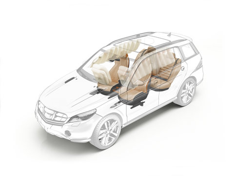 Suv technical drawing showing seats and airbags.