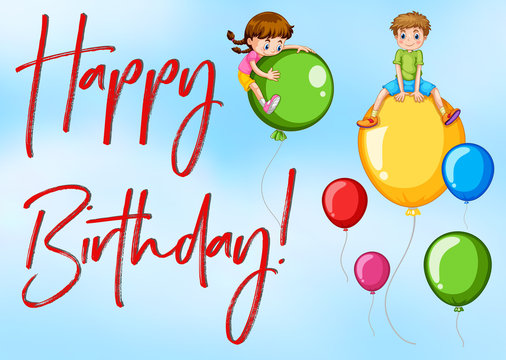 Happy Birthday card with kids and balloons