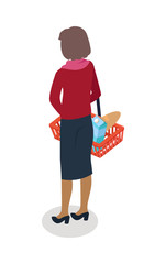 Woman with Basket Buying Daily Products Vector  