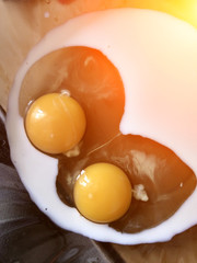 Two yolks, the milk with the eggs in a glass dish,