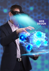 Business, Technology, Internet and network concept. Young businessman working in virtual reality glasses sees the inscription: Web design
