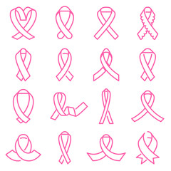 Pink awareness ribbon icons. Collection of 16 breast cancer awareness symbols isolated on a white background. Line style. Editable stroke. Vector illustration