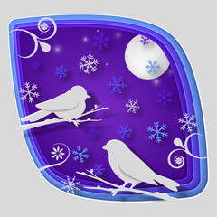 Paper art carve to bird on tree branch in forest at night, origami concept nature and animals idea, vector art and illustration.