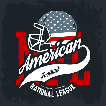 American football helmet tee print vector design isolated on black background. 
Superior United States of America flag emblem. Premium quality rugby t-shirt retro sport logo concept illustration.