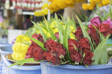 Bouquet of red roses in a bucket for sale at the market.