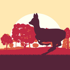 Roe deer in forest field with sunset and trees vector background