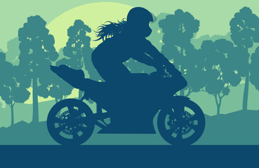 Motorcycle stunt driver vector background with trees