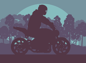 Fototapeta na wymiar Motorcycle stunt driver vector background with trees