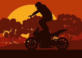 Motorcycle stunt driver vector background with trees