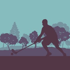 Floorball player in park with hockey stick and ball in sunset and in front of trees vector
