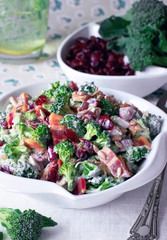 Broccoli Salad with Bacon, Dried Cranberries, Sunflower Seeds and Mayonnaise in white Salad Bowl.