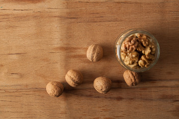 Nuts of walnut on the boards