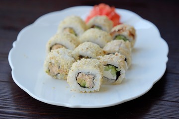 Delicious sushi with sesame Japanese food view 