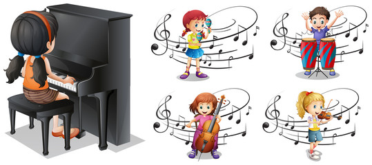 Children playing different musical instruments
