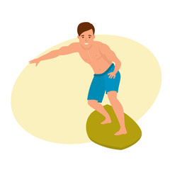 Surfer with surfboard standing, riding on ocean wave. Surf travel.