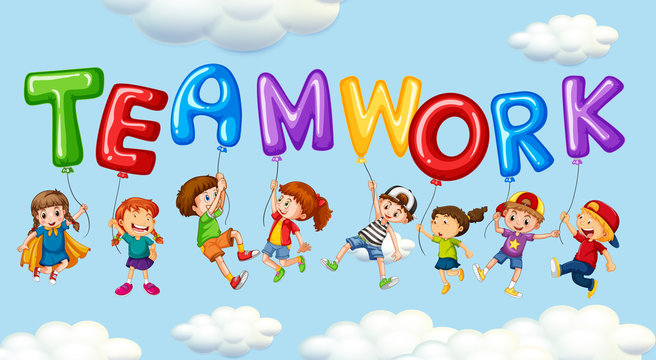Kids and balloons for word teamwork