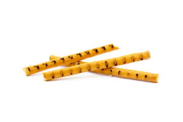 Salty cracker pretzel sticks isolated on white background