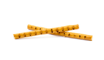 Salty cracker pretzel sticks isolated on white background