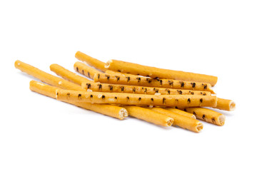 Salty cracker pretzel sticks isolated on white background