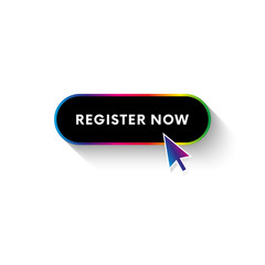 Button with long shadow. Register now. Spectrum gradient. Dark style. Vector illustration.