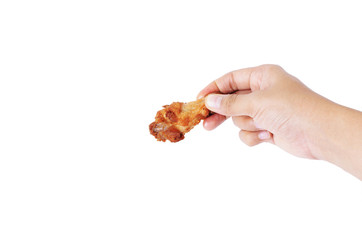 Delicious Fried chicken wing on hand holding on white backgrounds
