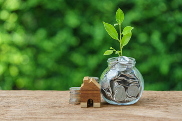 jar with full of coins with growth sprout plant and wooden miniature house as property or mortgage...