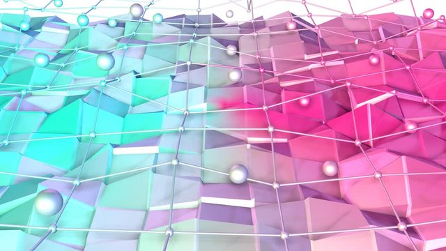 Low poly 3D surface with flying grid or mesh and moving spheres as high tech background. Soft geometric low poly background of pure blue pink red polygons. 4K Fullhd seamless loop background
