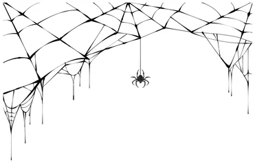 Wandcirkels aluminium Black spider and torn web. Scary spiderweb of halloween symbol © orensila