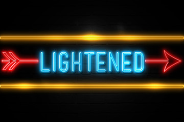 Lightened  - fluorescent Neon Sign on brickwall Front view