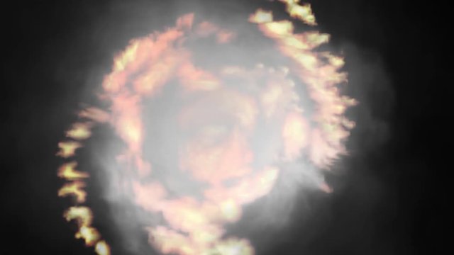 Animated spinning and spreading flames turning into fire tornado or twister of fire and smoke against black background.Mask included. Spinning counterclockwise and upward. Top camera view