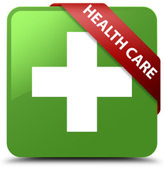Health care (plus sign) soft green square button red ribbon in corner