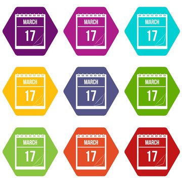 Calendar with date of March 17 icon set color hexahedron
