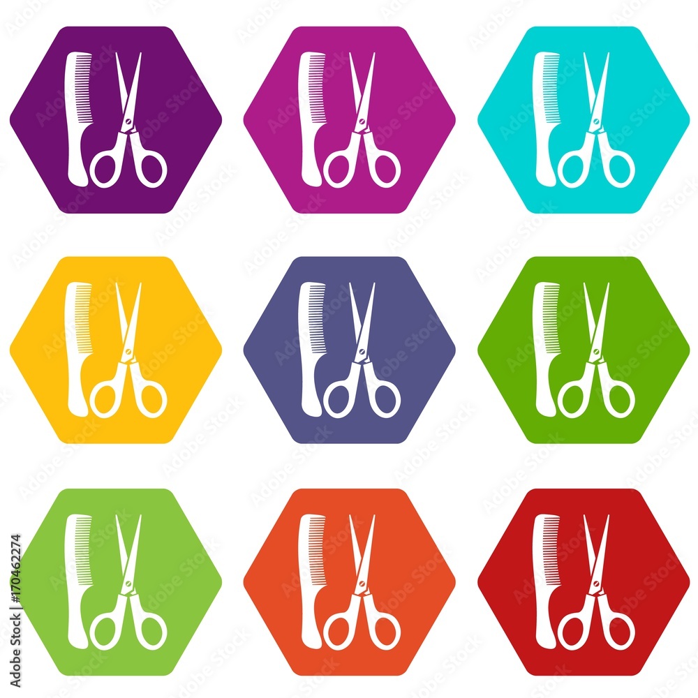 Poster scissors and comb icon set color hexahedron