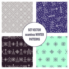 Set of seamless vector patterns with fir-trees, snowflakes. seasonal winter background with cute hand drawn fir trees Graphic illustration. Series of winter seamless vector patterns.