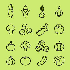 Vegetables Organic Vegetarian Food Flat Line Icon Collection. Carrot, Corn, Garlic, Onion, Mushroom, Bell pepper, Broccoli, Pumpkin, Cucumber, Cabbage.