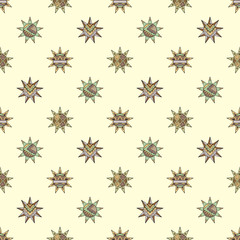 Vector seamless hand drawn pattern, decorative stylized vintage childish tribal sun with lights. Doodle style, tribal graphic illustration Line drawing. Series of doodle, cartoon, sketch illustrations