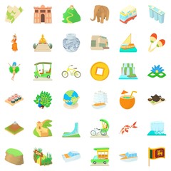 Tourist attraction icons set, cartoon style