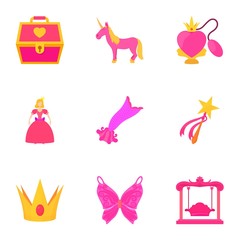 Little princess kit icons set, cartoon style