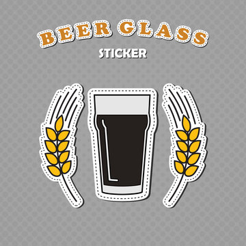 Nonic pint beer glass and two wheat spikes stickers, beer logo, vector illustration