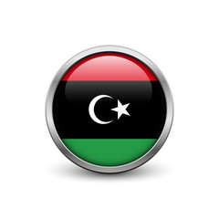 Flag of Libya, button with metal frame and shadow