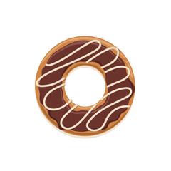 Vector icon of glazed dark chocolate donut with white chocolate stripes